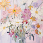 Close-up view of Spring Garden Bouquet Art Print, showcasing a vibrant arrangement of colorful flowers in a glass vase against a soft pastel background.