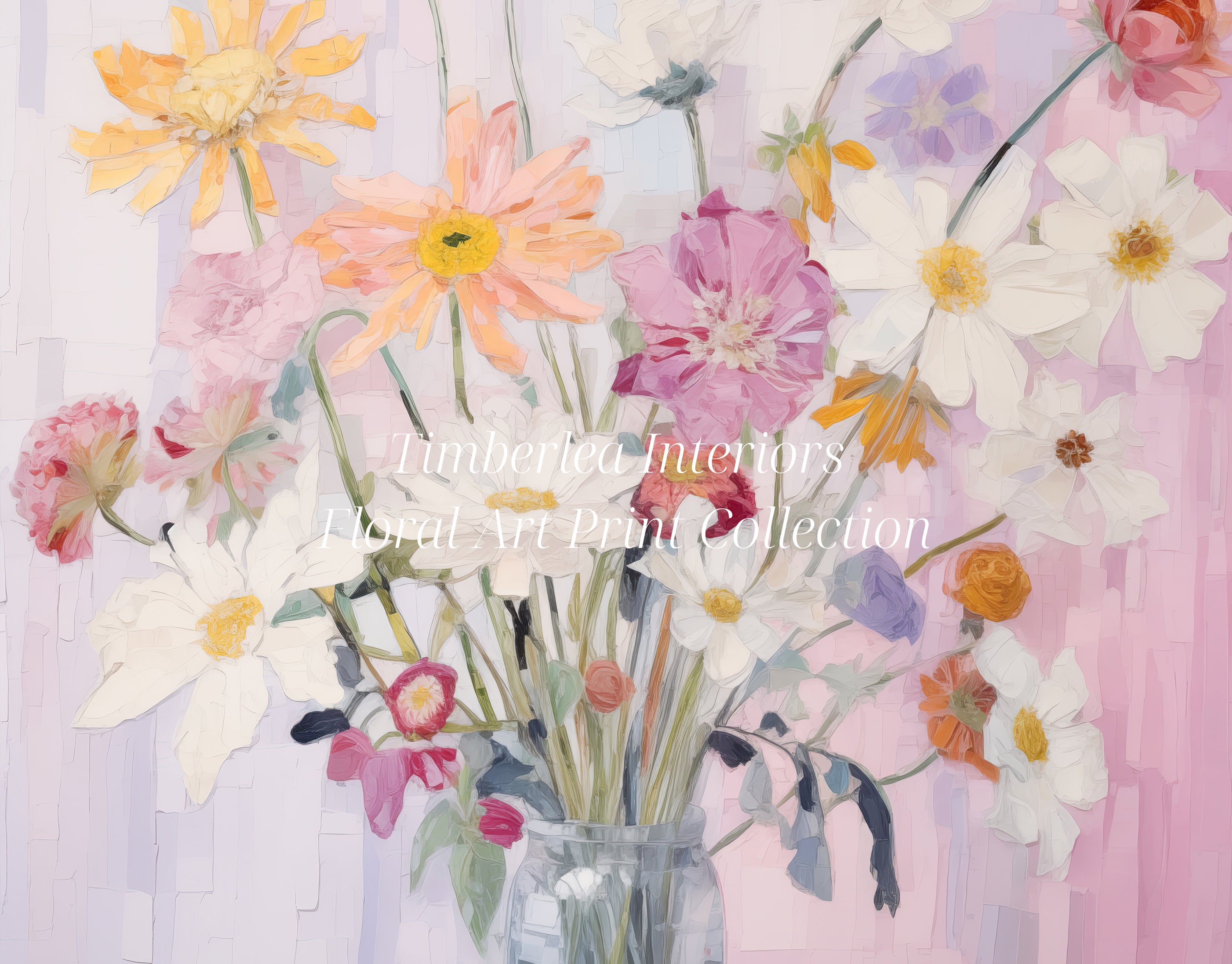 Close-up view of Spring Garden Bouquet Art Print, showcasing a vibrant arrangement of colorful flowers in a glass vase against a soft pastel background.