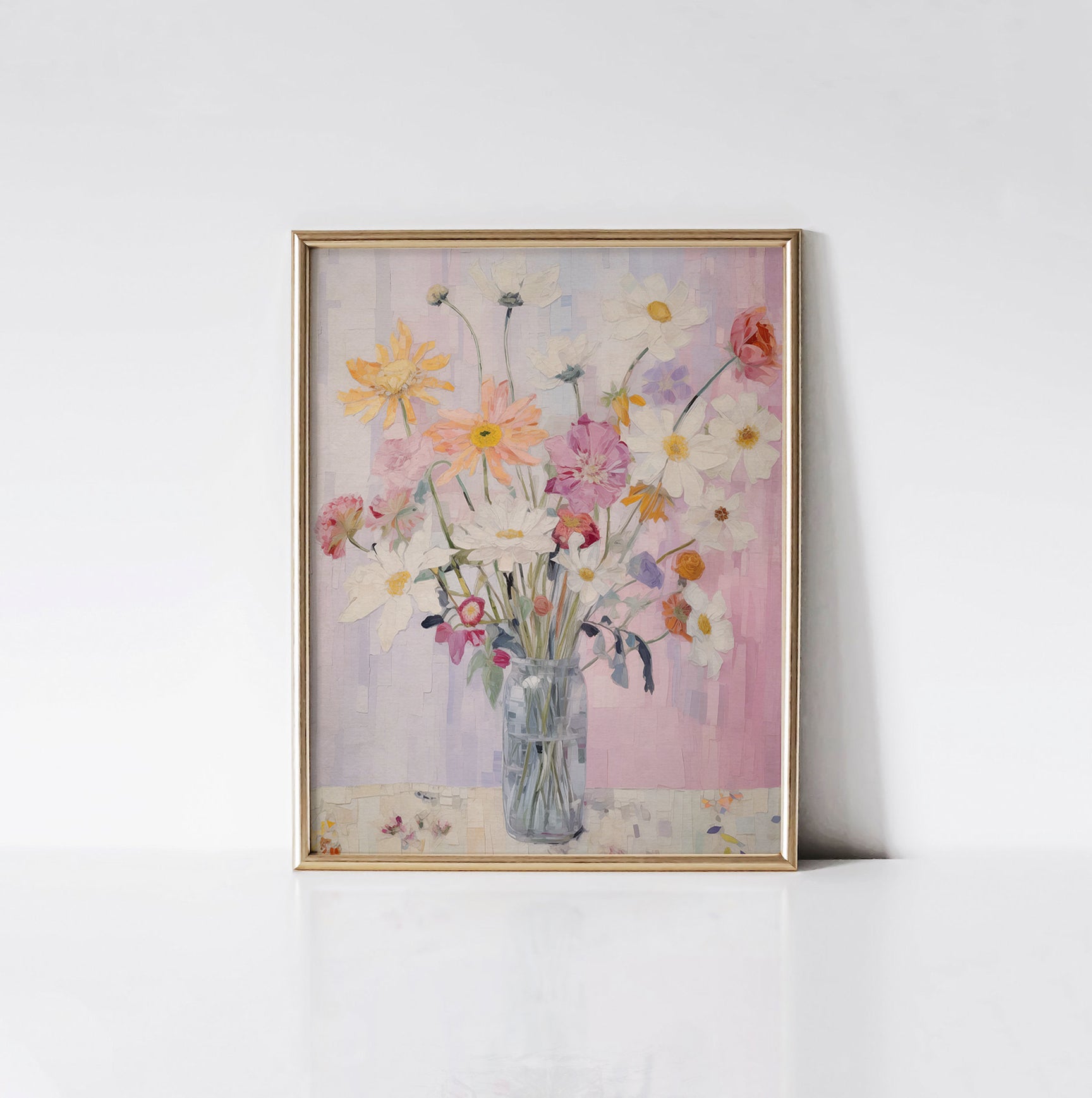 Spring Garden Bouquet Art Print displayed in a gold frame against a white wall, highlighting the vivid colors and detailed brush strokes of the floral arrangement in the glass vase.