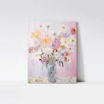 Spring Garden Bouquet Art Print mounted on a wood board, emphasizing the rich textures and bright hues of the various flowers.