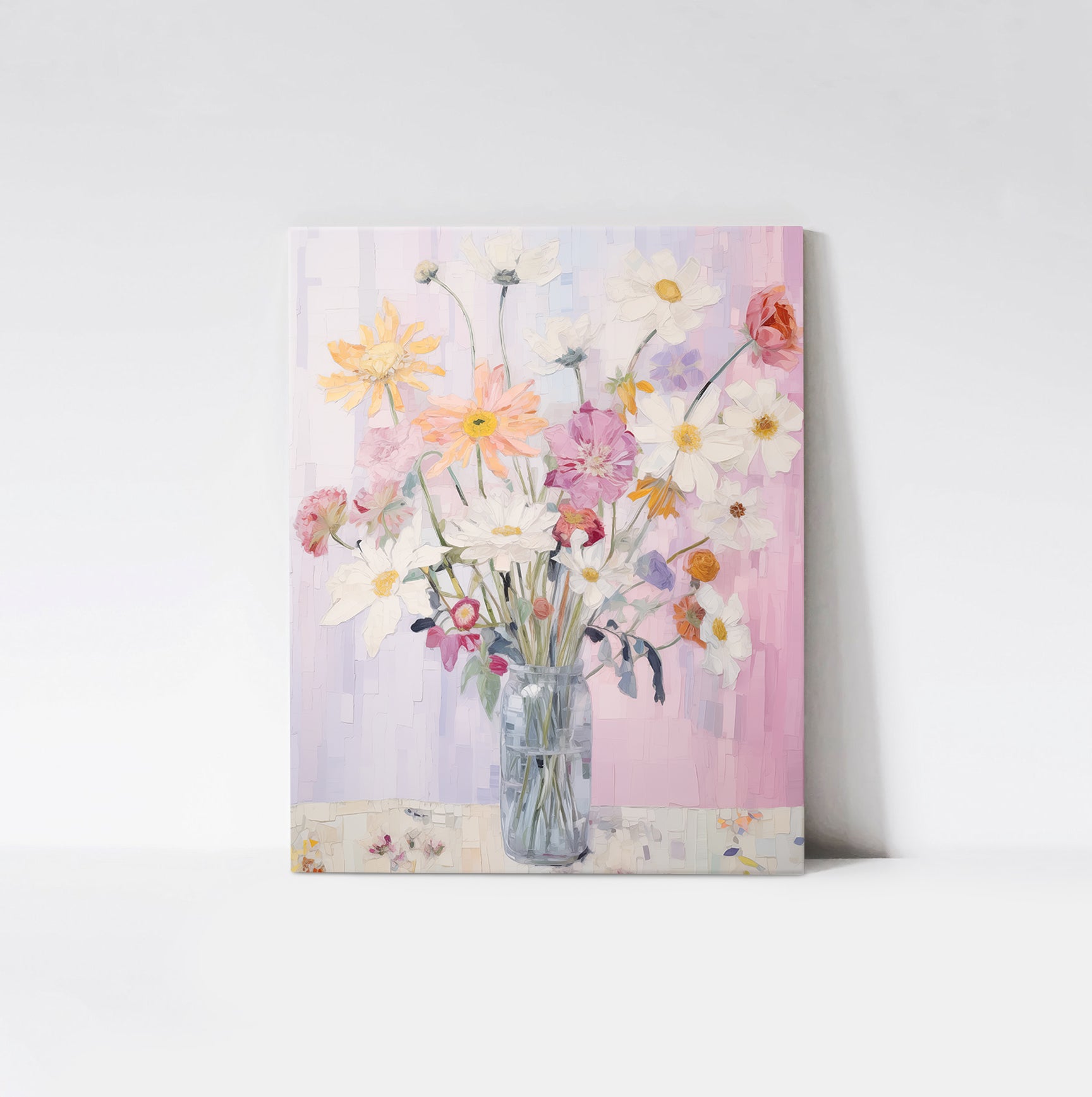 Spring Garden Bouquet Art Print mounted on a wood board, emphasizing the rich textures and bright hues of the various flowers.