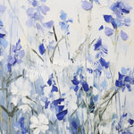 Close-up view of Bluebell Symphony Art Print, showcasing a beautiful arrangement of blue and white flowers with intricate brush strokes against a soft background.