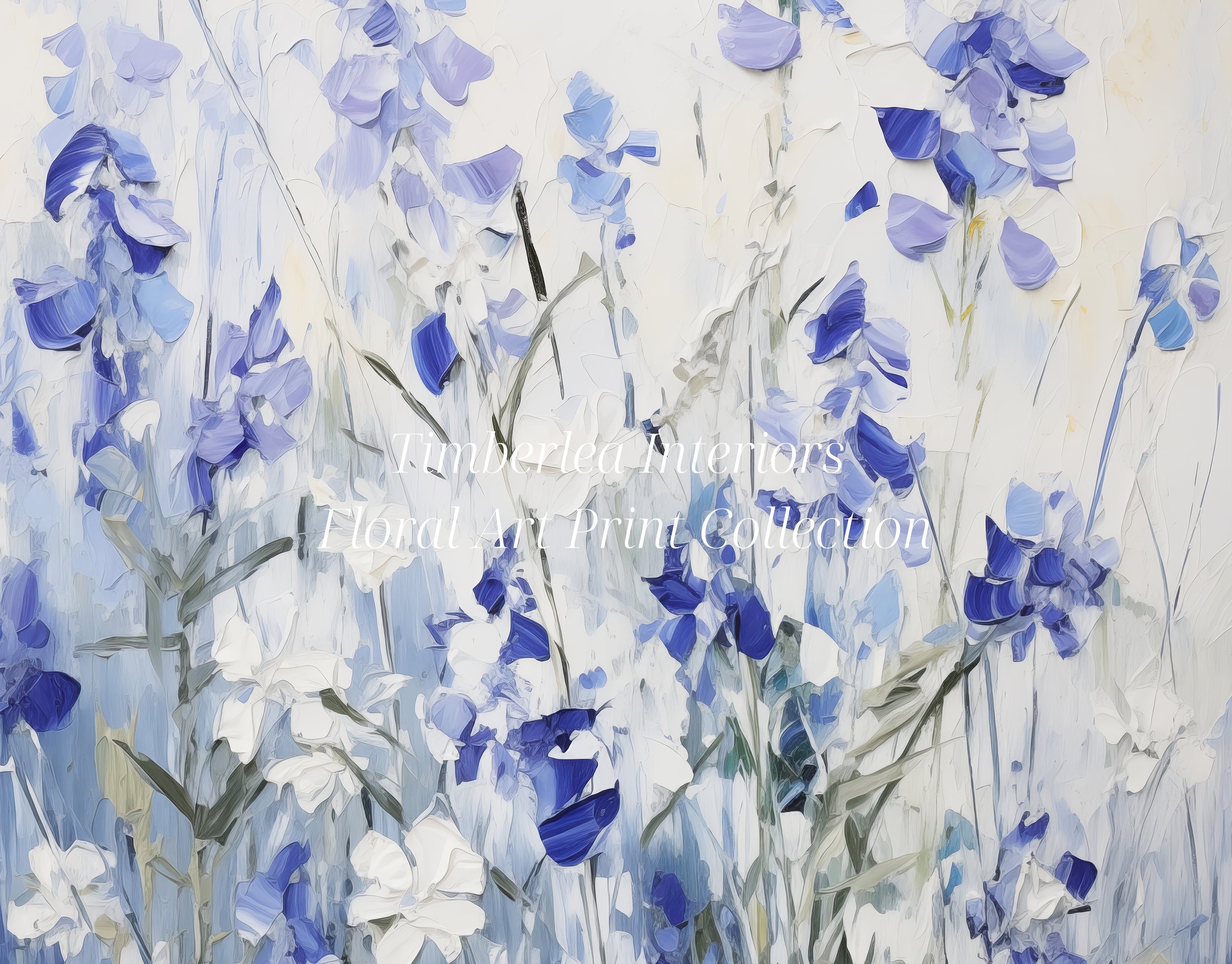 Close-up view of Bluebell Symphony Art Print, showcasing a beautiful arrangement of blue and white flowers with intricate brush strokes against a soft background.