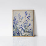 Bluebell Symphony Art Print displayed in a gold frame against a white wall, highlighting the vivid blue and white flowers and detailed brush strokes.