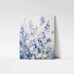 Bluebell Symphony Art Print mounted on a wood board, emphasizing the rich textures and serene hues of the blue and white flowers.