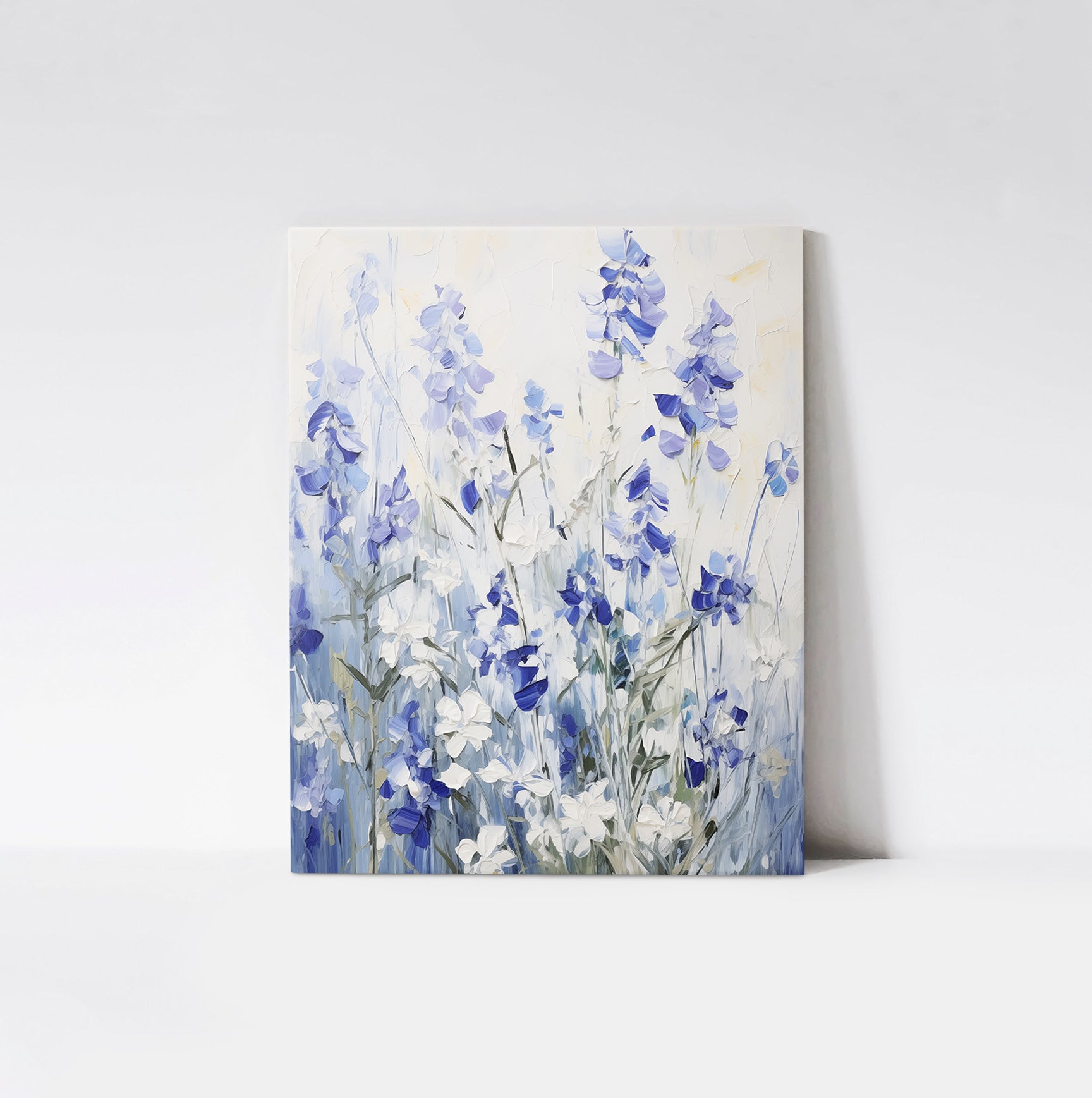 Bluebell Symphony Art Print mounted on a wood board, emphasizing the rich textures and serene hues of the blue and white flowers.