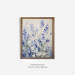 Bluebell Symphony Art Print elegantly framed in a wooden frame, perfect for adding a touch of nature's calming beauty to any room with its vibrant floral design.