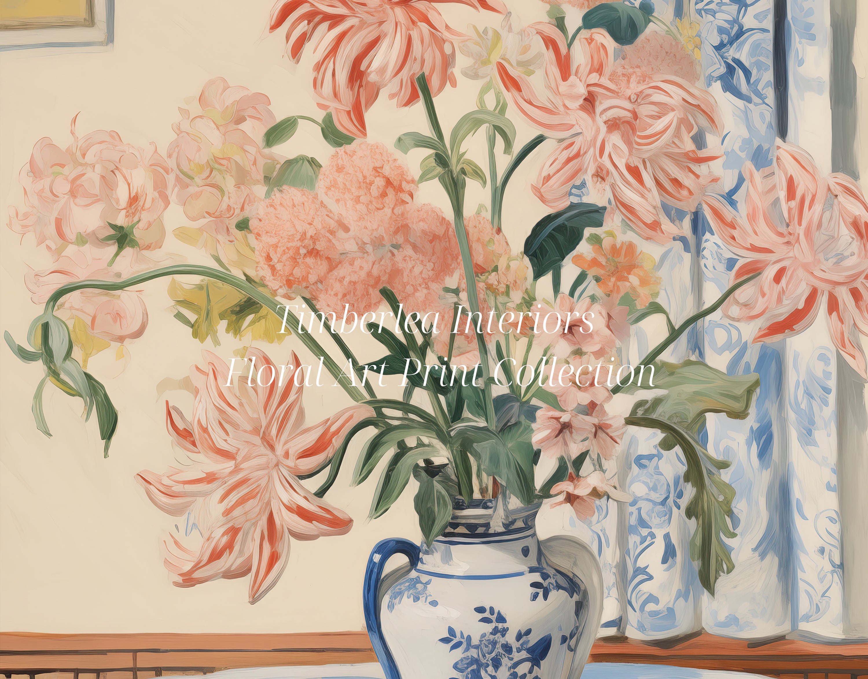 Close-up view of Mabel's Vase Floral Art Print, showcasing a beautiful arrangement of pink flowers in a blue and white vase against a soft, pastel-colored background.