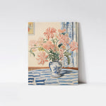 Mabel's Vase Floral Art Print mounted on a wood board, emphasizing the rich textures and natural hues of the pink flowers in a blue and white vase.