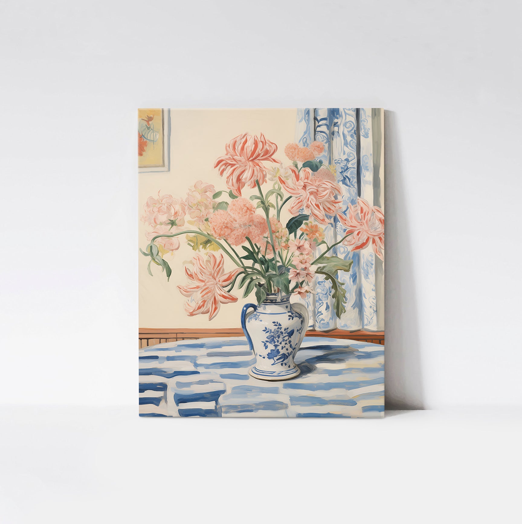 Mabel's Vase Floral Art Print mounted on a wood board, emphasizing the rich textures and natural hues of the pink flowers in a blue and white vase.