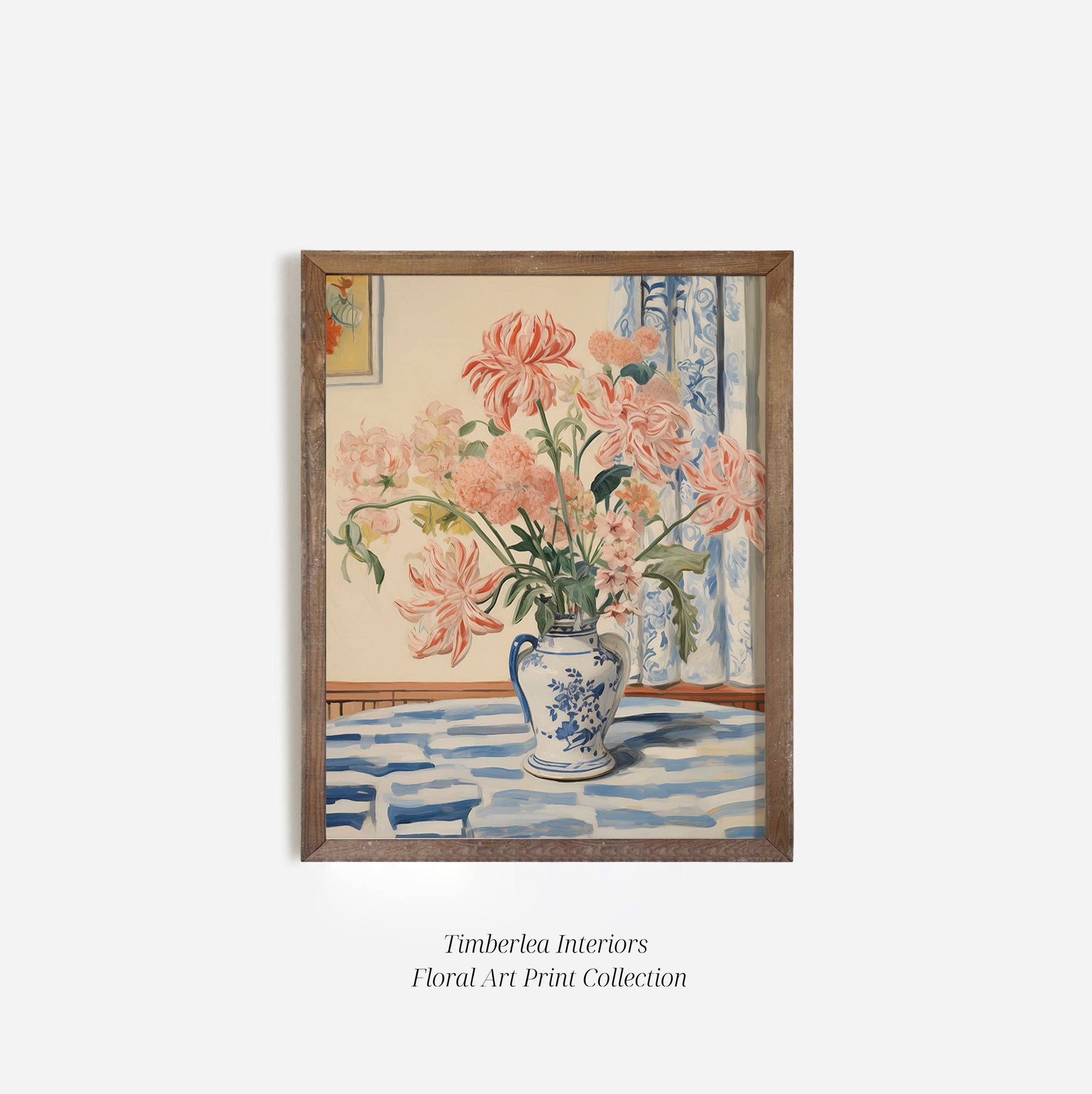 Mabel's Vase Floral Art Print elegantly framed in a wooden frame, perfect for adding a touch of nature-inspired beauty to any room with its detailed floral design and soft background colors.