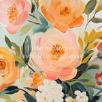 Close-up view of Summer Bunches Art Print, showcasing a vibrant arrangement of pink, orange, and yellow flowers with lush green leaves against a soft background.