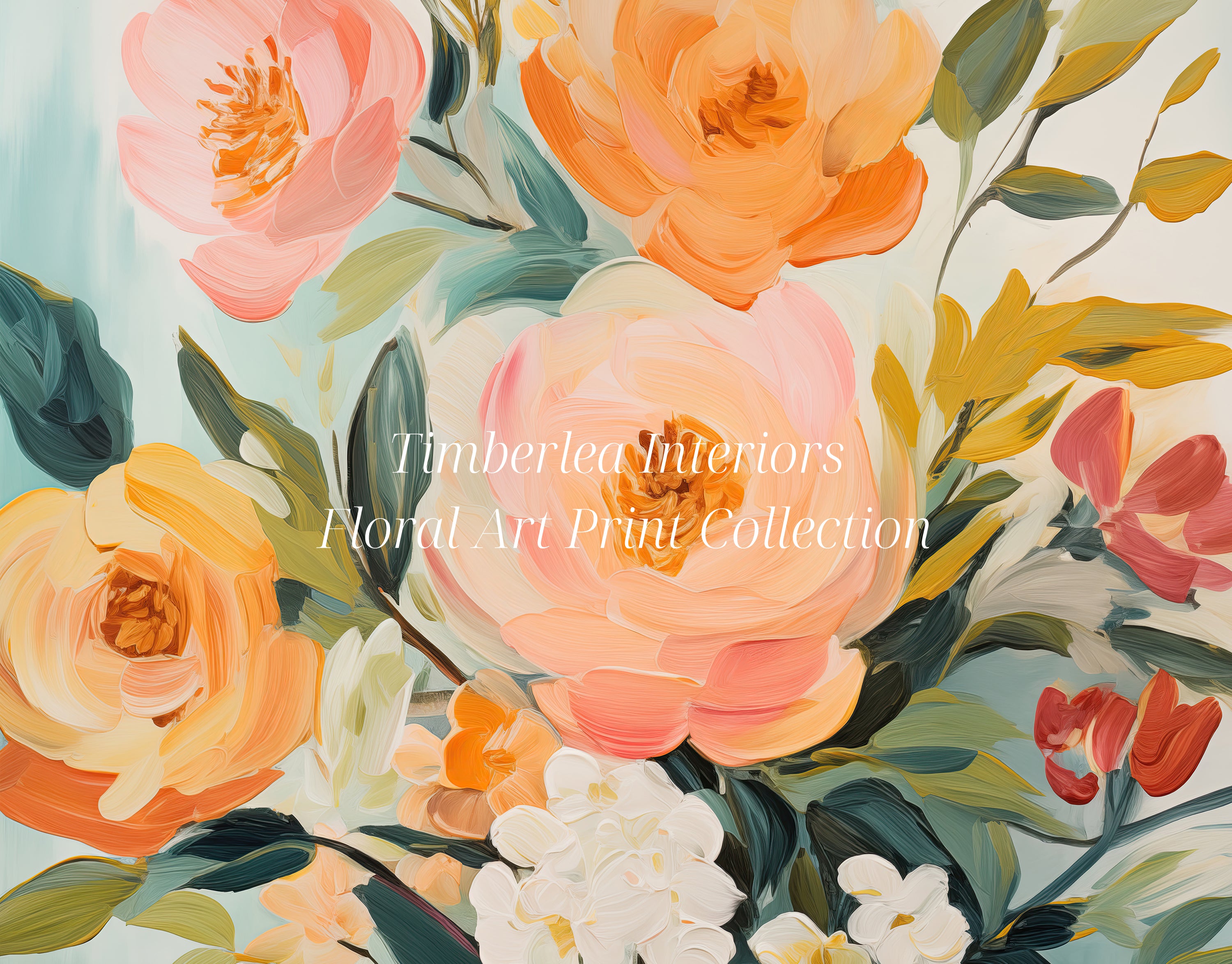 Close-up view of Summer Bunches Art Print, showcasing a vibrant arrangement of pink, orange, and yellow flowers with lush green leaves against a soft background.