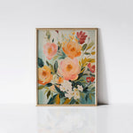 Summer Bunches Art Print displayed in a gold frame against a white wall, highlighting the vivid colors and detailed brush strokes of the floral arrangement.