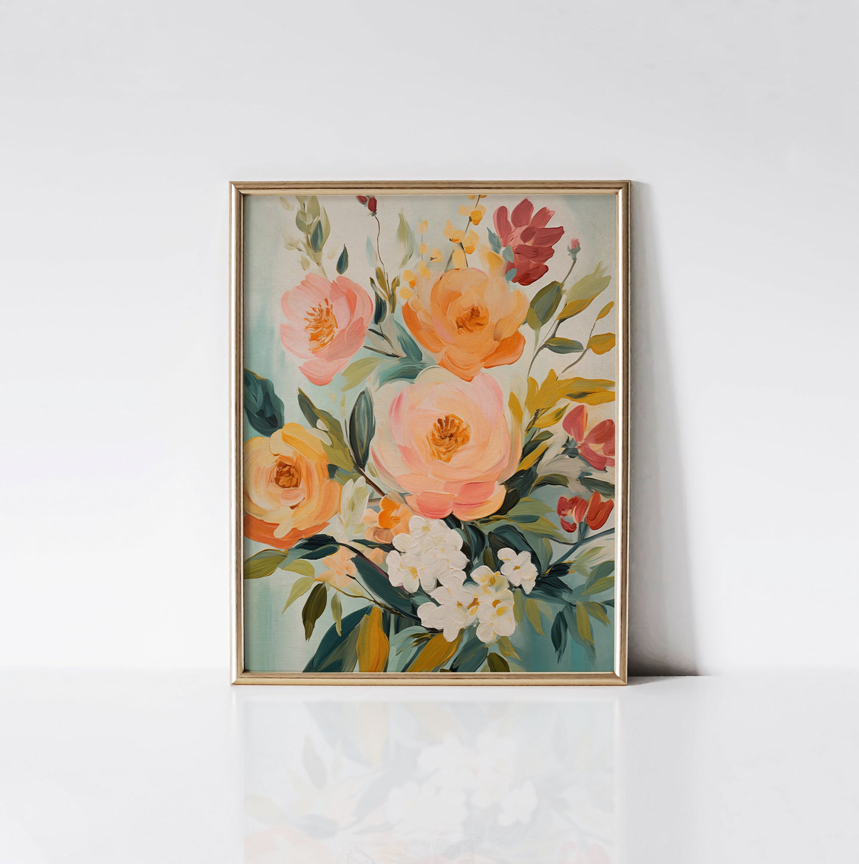 Summer Bunches Art Print displayed in a gold frame against a white wall, highlighting the vivid colors and detailed brush strokes of the floral arrangement.