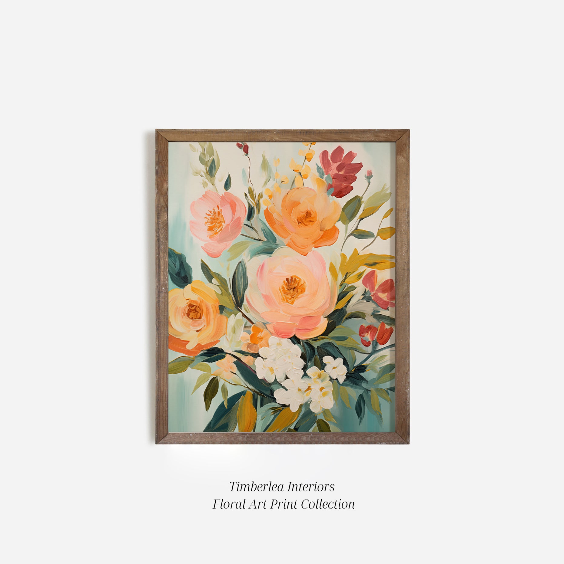 Summer Bunches Art Print elegantly framed in a wooden frame, perfect for adding a touch of nature's vibrant beauty to any room with its colorful floral design.