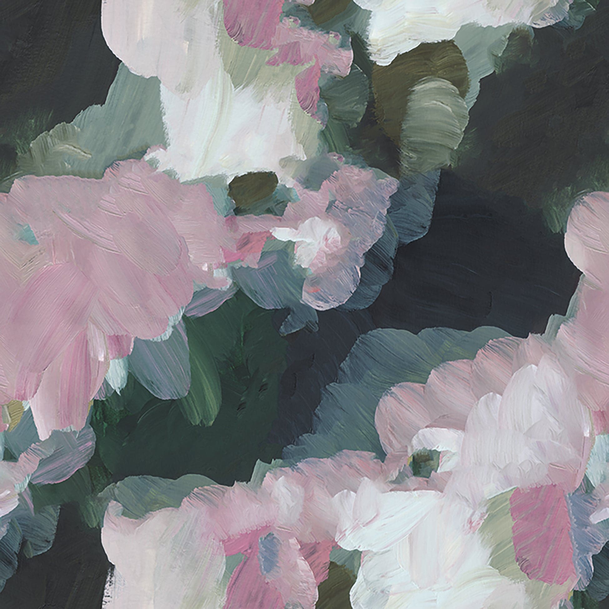 Close-up of the Brushed Harmony Wallpaper featuring an abstract floral design with soft brush strokes in shades of pink and green against a dark background, evoking a serene and artistic ambiance