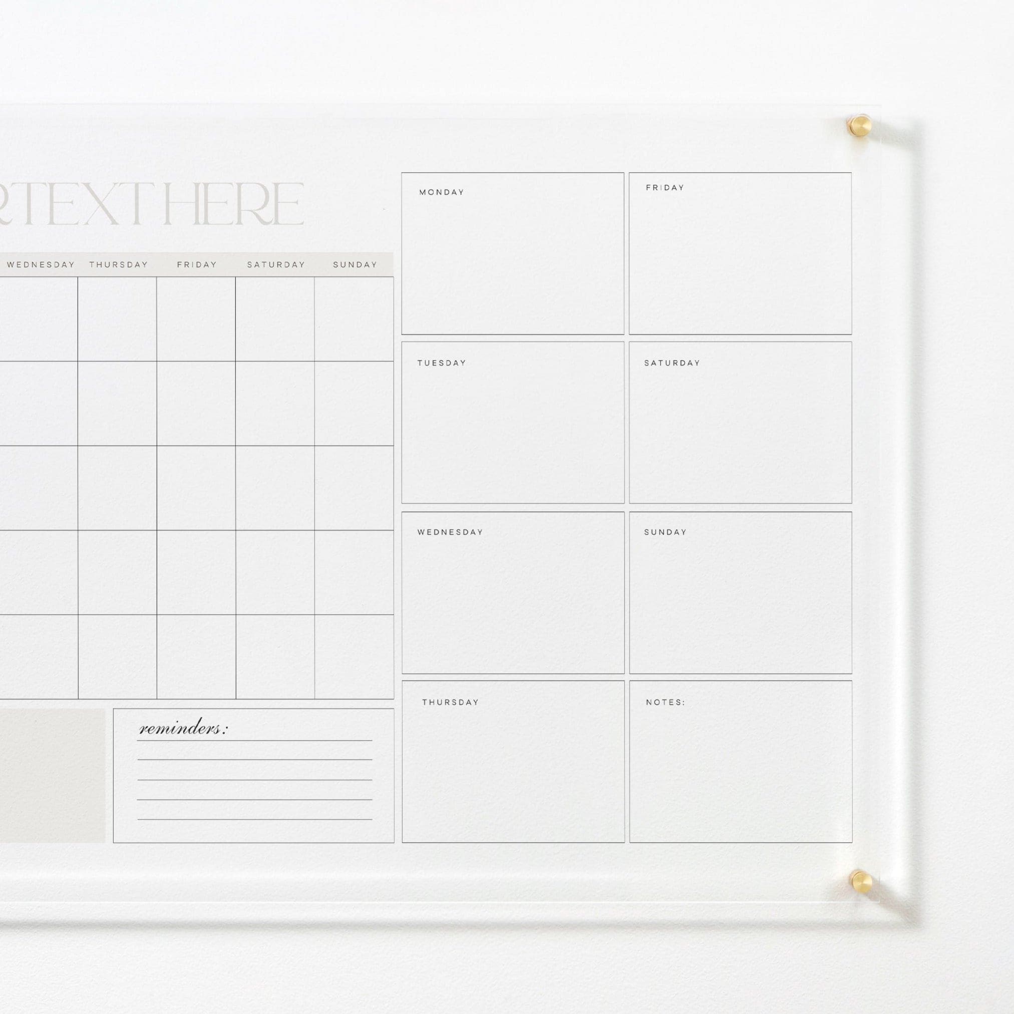 Dry erase calendar with a grid layout for days of the week and an additional notes section, featuring a sleek and minimalistic design.
