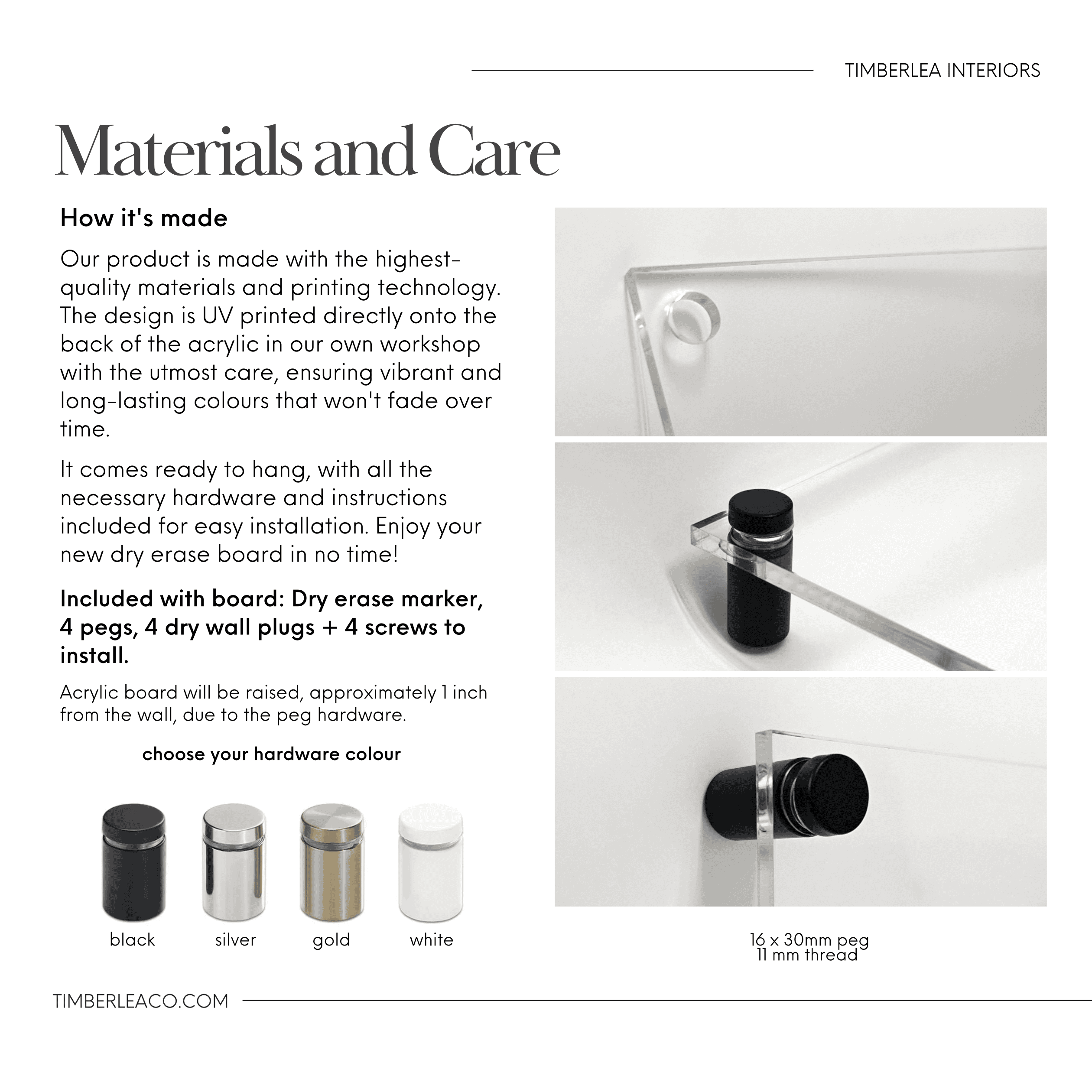 "Materials and Care" information page detailing the high-quality materials and printing technology used, with images of the mounting hardware and various hardware color options.