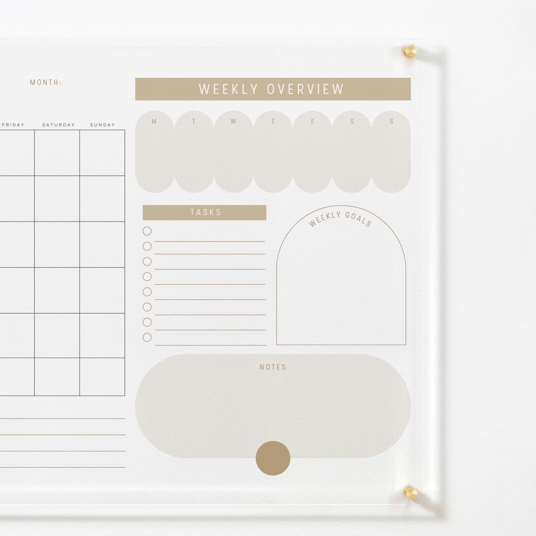 A close-up view of the "Custom Weekly Monthly Calendar - Whimsy" dry erase acrylic board showing the "Weekly Overview," "Tasks," "Weekly Goals," and "Notes" sections on the right side. The board is mounted on a wall with gold pins, highlighting the elegant design.