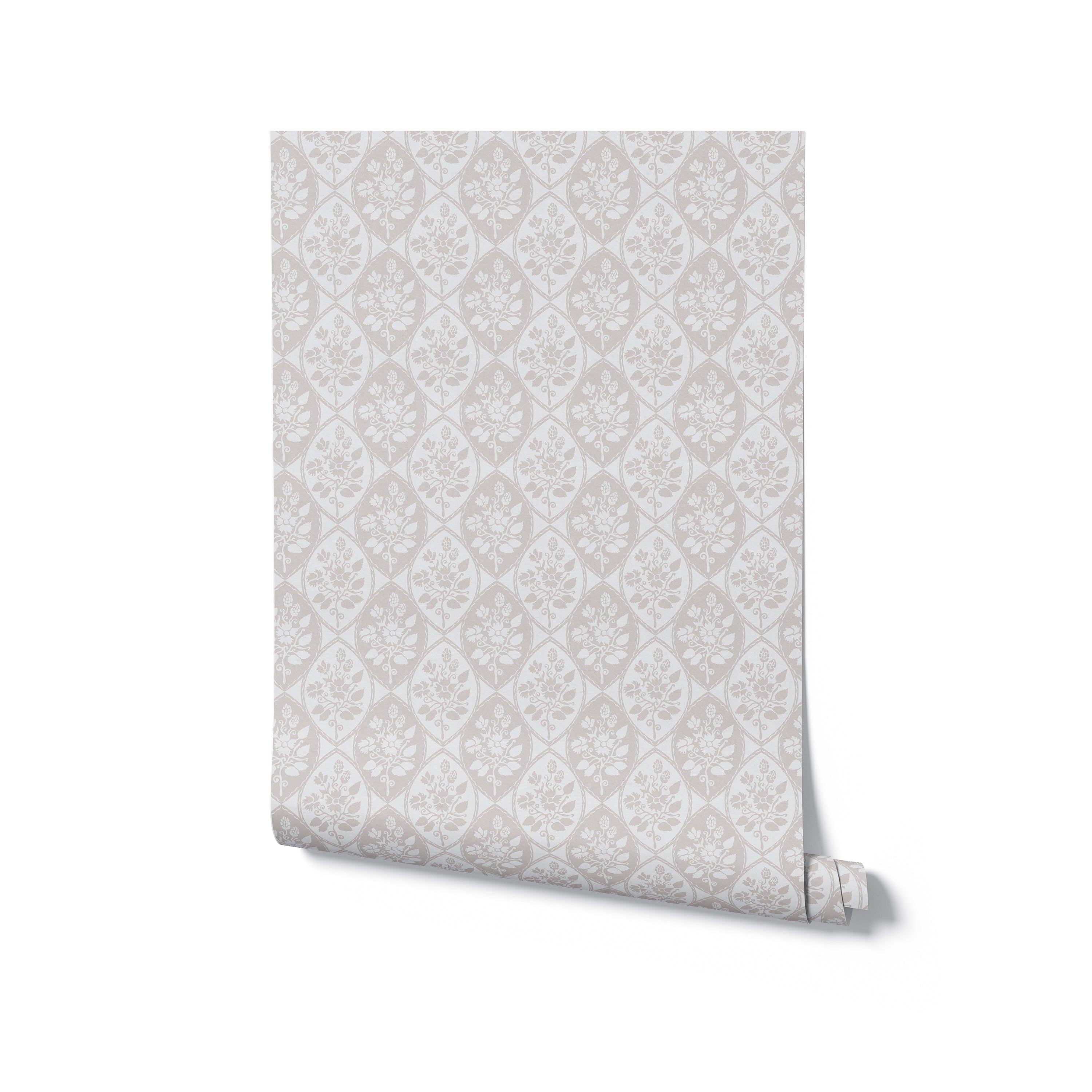 A roll of Garden Radiance Wallpaper showing the complete pattern. The wallpaper features an elegant floral design within oval shapes on a soft taupe background, offering a full view of its sophisticated and intricate design.