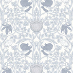 Close-up view of the Vintage Floral Damask Wallpaper highlighting the detailed blue floral and foliage pattern on a white background.