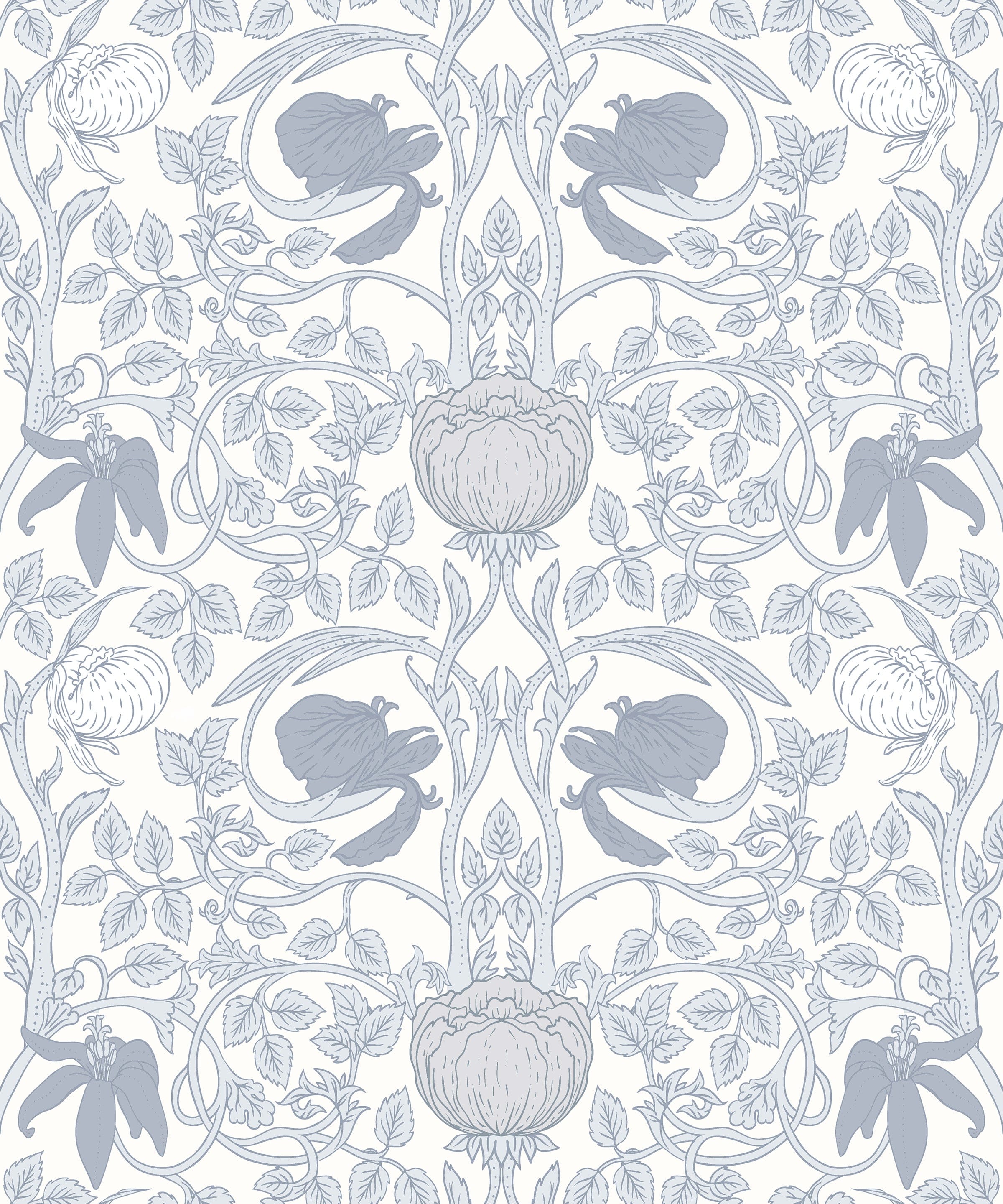 Close-up view of the Vintage Floral Damask Wallpaper highlighting the detailed blue floral and foliage pattern on a white background.