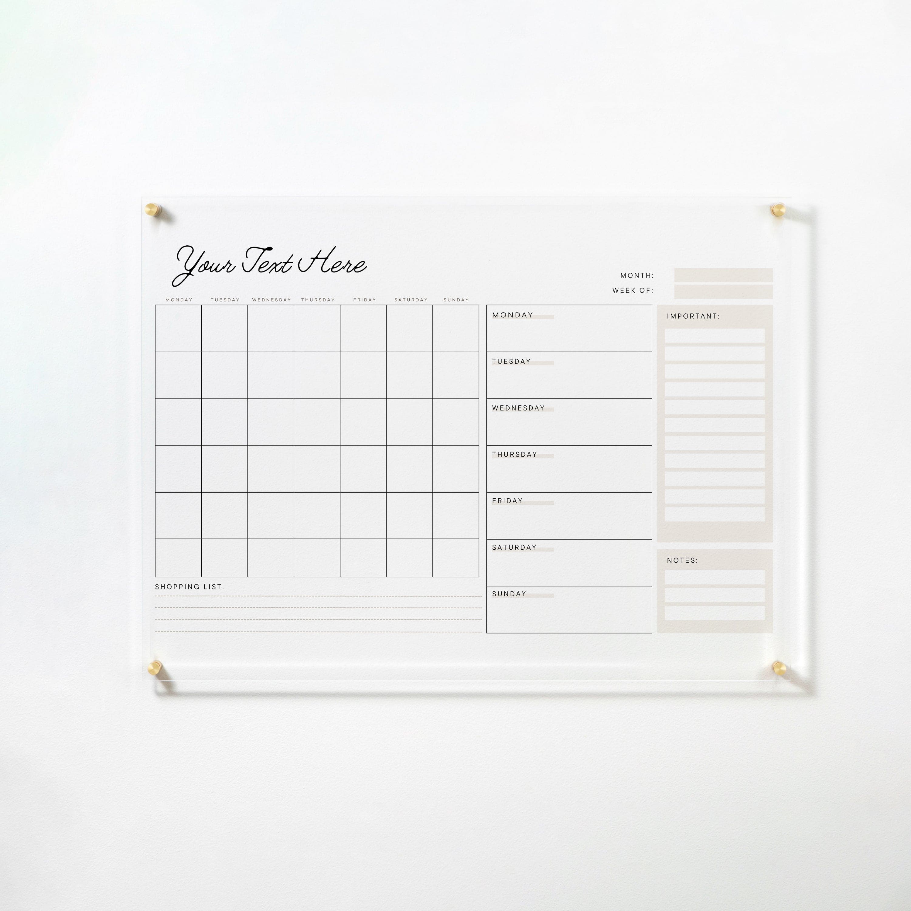 Full view of the Custom Weekly Monthly Planner - Neutral Weekly Boxes mounted on a white wall, featuring a monthly grid, weekly boxes, and customizable text area.