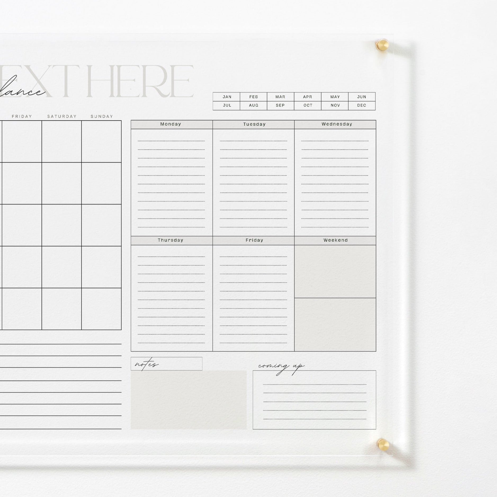 A close-up view of the "Custom Weekly Monthly Calendar - Neutral Chic" dry erase acrylic board showing sections for each day of the week, notes, and upcoming events. The board is mounted on a wall with gold pins, highlighting the elegant and minimalist design.