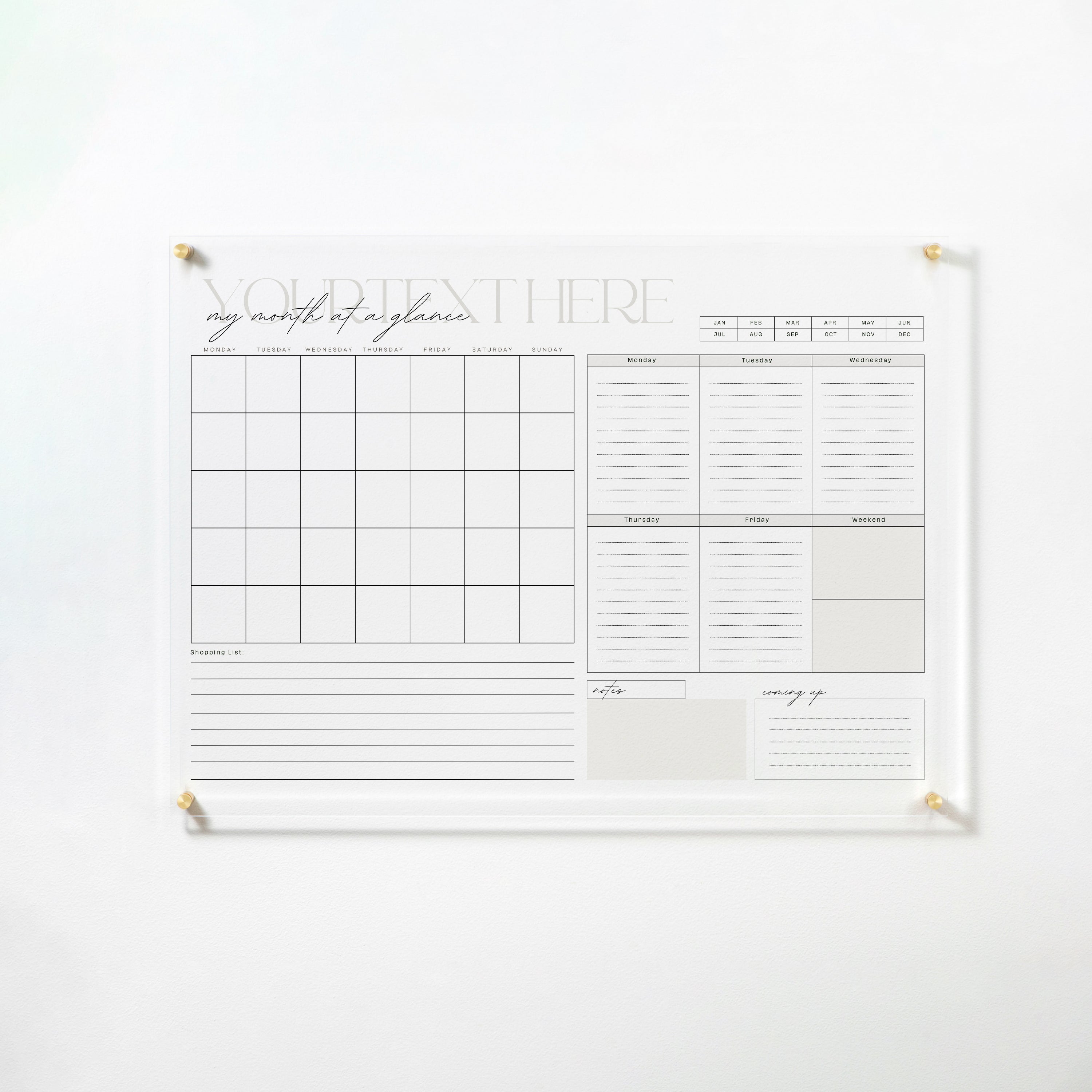 "Custom Weekly Monthly Calendar - Neutral Chic" dry erase acrylic board mounted on a white wall with gold pins. It features a monthly calendar grid, sections for each day of the week, notes, and upcoming events in neutral tones, providing a chic and functional planning tool.