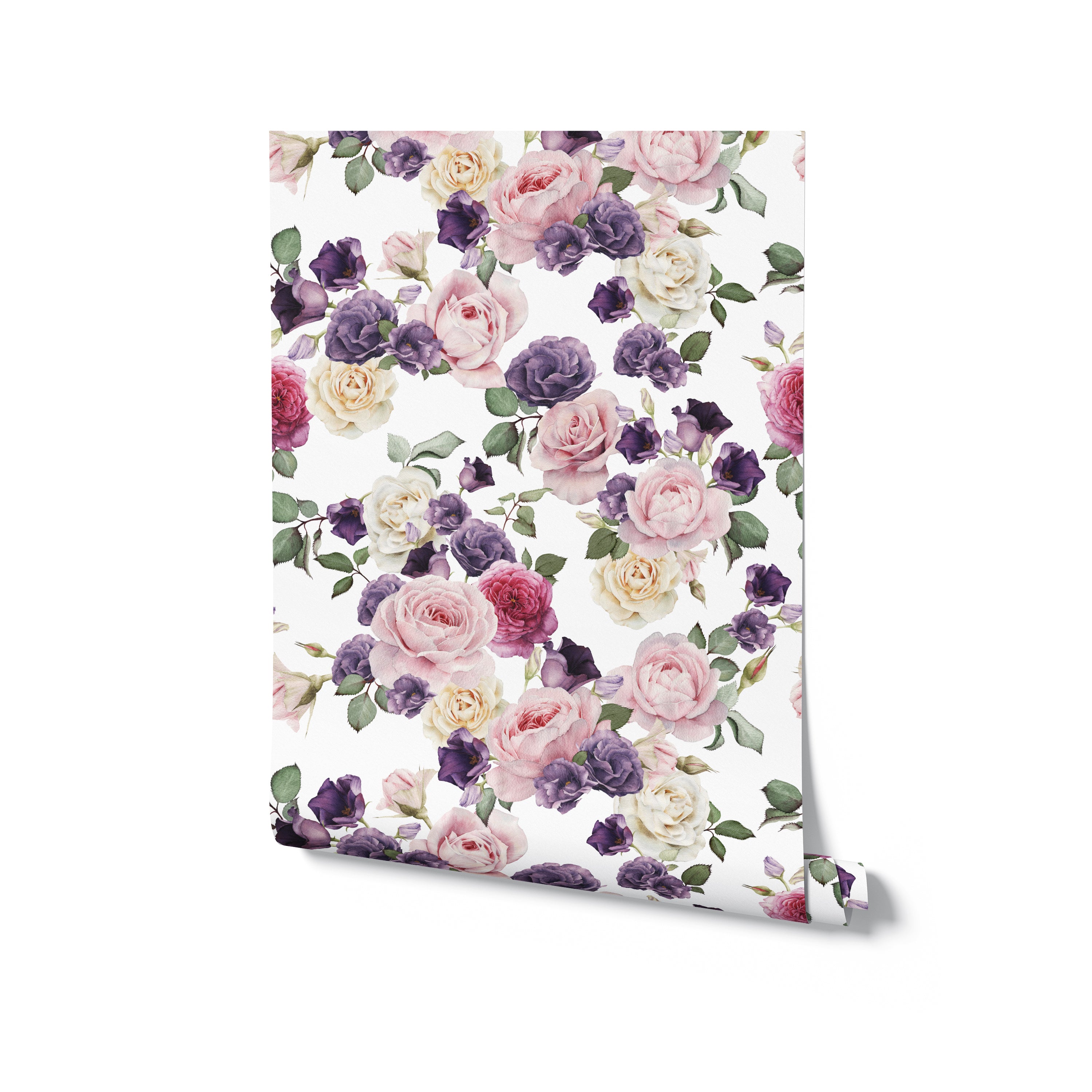 A rolled piece of Mahalia Rose Floral Wallpaper, highlighting the intricate pattern of lush roses in shades of pink and purple with a white background, perfect for transforming any room into a vibrant and floral haven