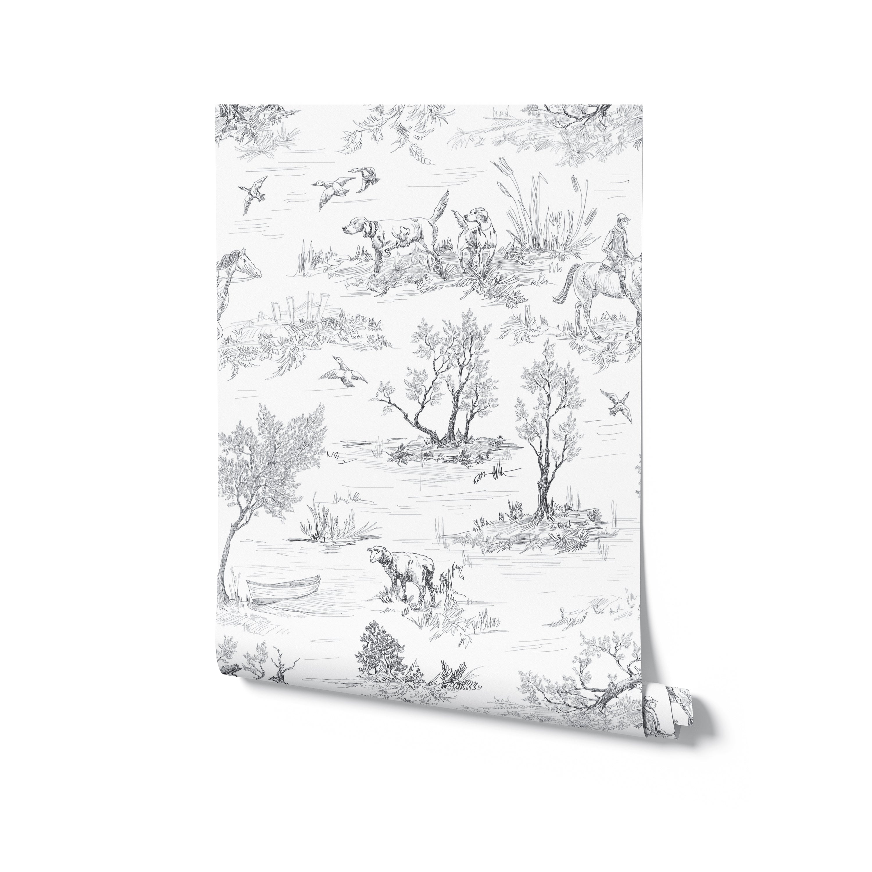 a roll of "Outdoor Friend Sketch Wallpaper." The roll is partially unrolled to reveal the detailed countryside sketches that offer a nostalgic touch to any room. The continuous line drawings depict a serene outdoor life, ideal for enveloping a room in a tranquil, storybook quality.