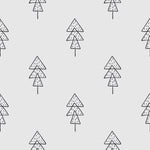 A simplistic and charming wallpaper pattern featuring black and white line-drawn pine trees evenly spaced on a clean, white background. Each tree is stylized with geometric shapes, conveying a modern Scandinavian design aesthetic suitable for a nursery or minimalistic living space.