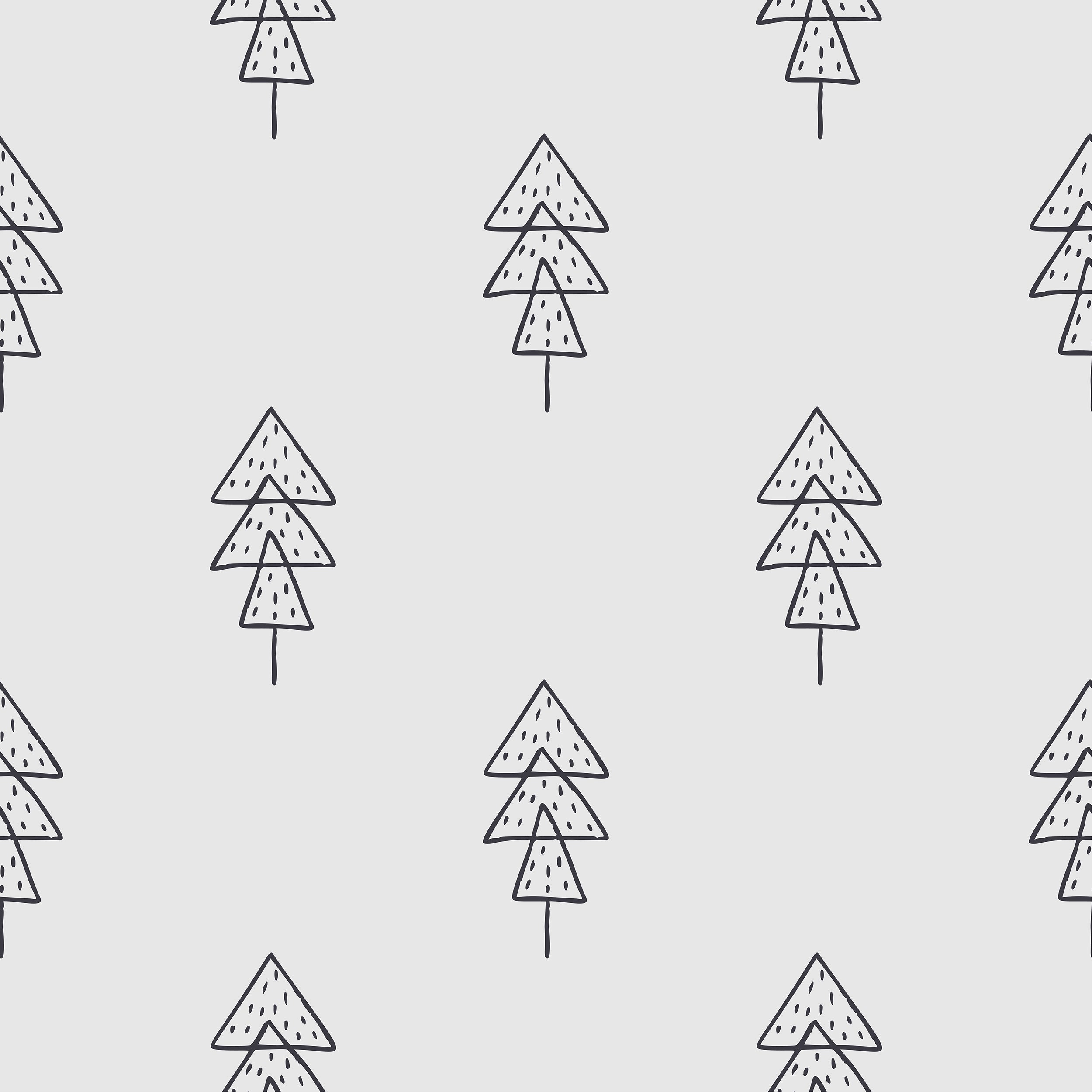A simplistic and charming wallpaper pattern featuring black and white line-drawn pine trees evenly spaced on a clean, white background. Each tree is stylized with geometric shapes, conveying a modern Scandinavian design aesthetic suitable for a nursery or minimalistic living space.