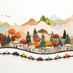 A detailed close-up of an art print illustrating a quaint village with vibrant cars traveling on a meandering road. The scene includes houses, trees, and distant mountains, highlighting the intricate textures and colors.