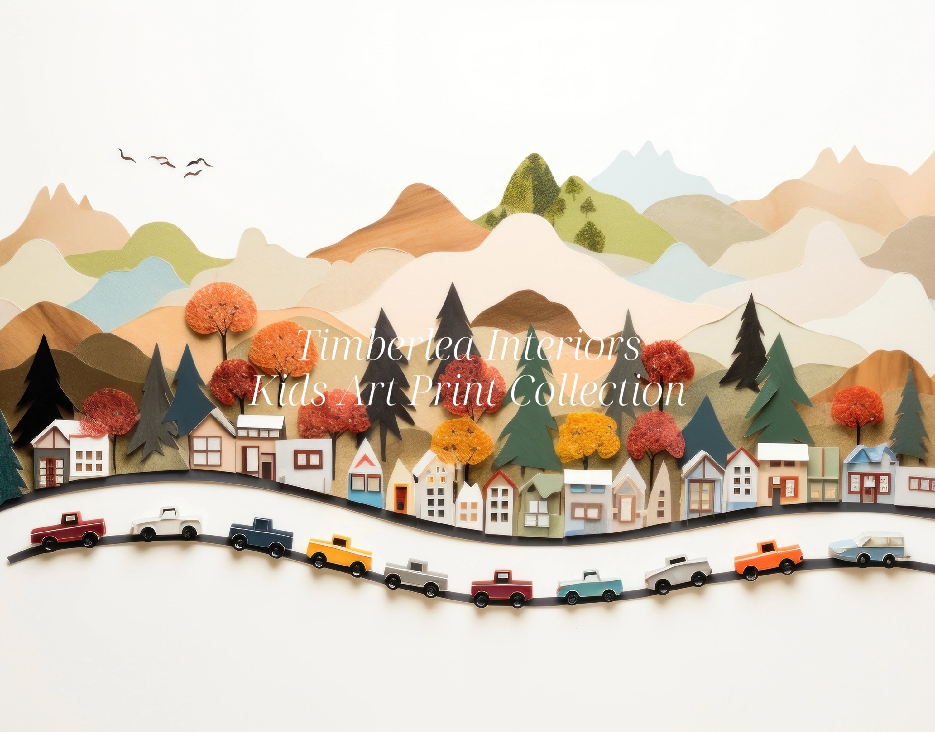 A detailed close-up of an art print illustrating a quaint village with vibrant cars traveling on a meandering road. The scene includes houses, trees, and distant mountains, highlighting the intricate textures and colors.