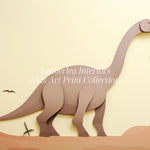 Close-up view of the Littlefoot Art Print, highlighting the detailed illustration of the dinosaur and the surrounding landscape elements, including palm trees and a bird.