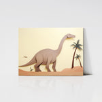 Littlefoot Art Print displayed on a wooden board, showing a charming dinosaur walking on a desert-like landscape with palm trees and a bird flying in the background.