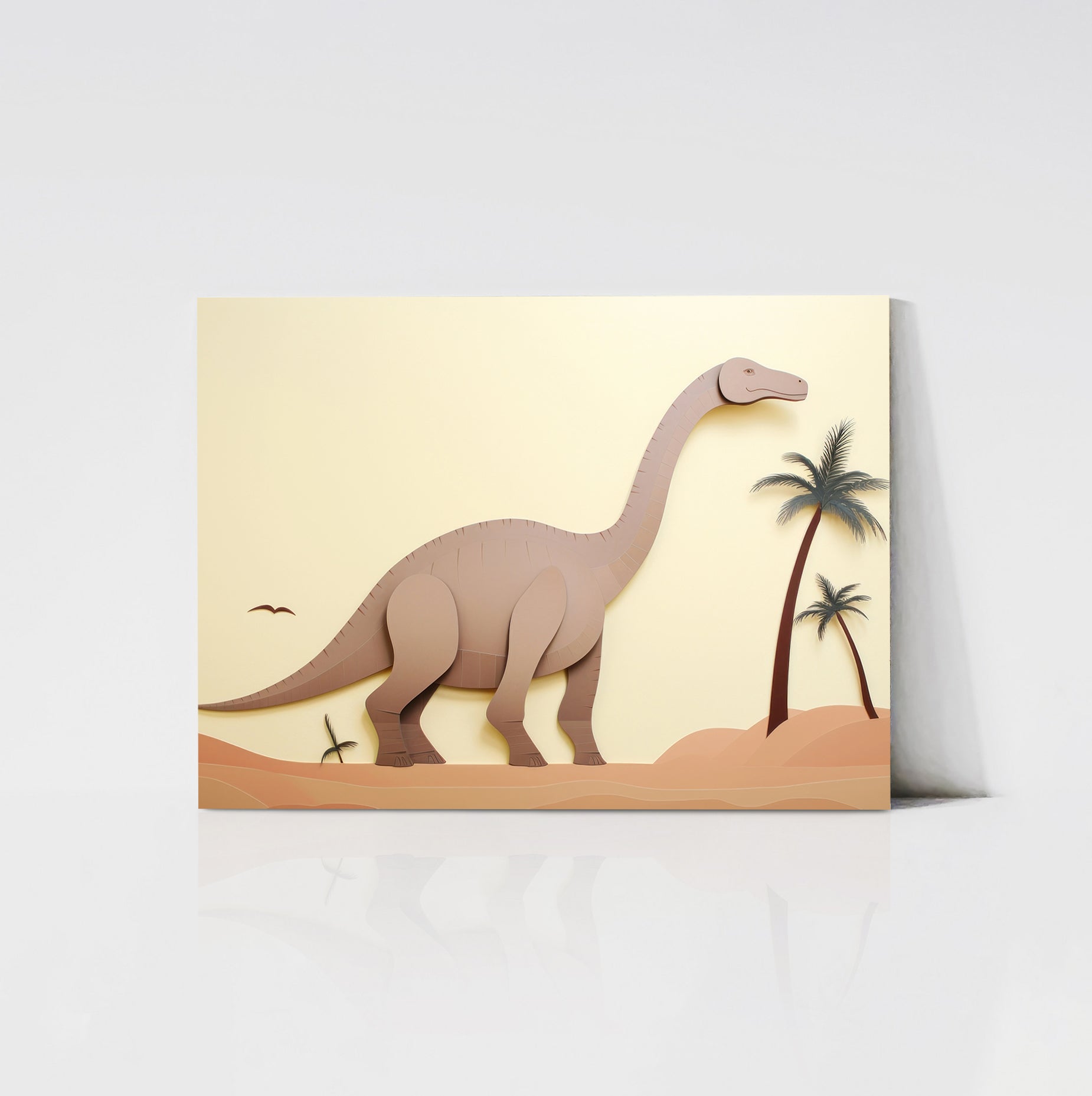 Littlefoot Art Print displayed on a wooden board, showing a charming dinosaur walking on a desert-like landscape with palm trees and a bird flying in the background.