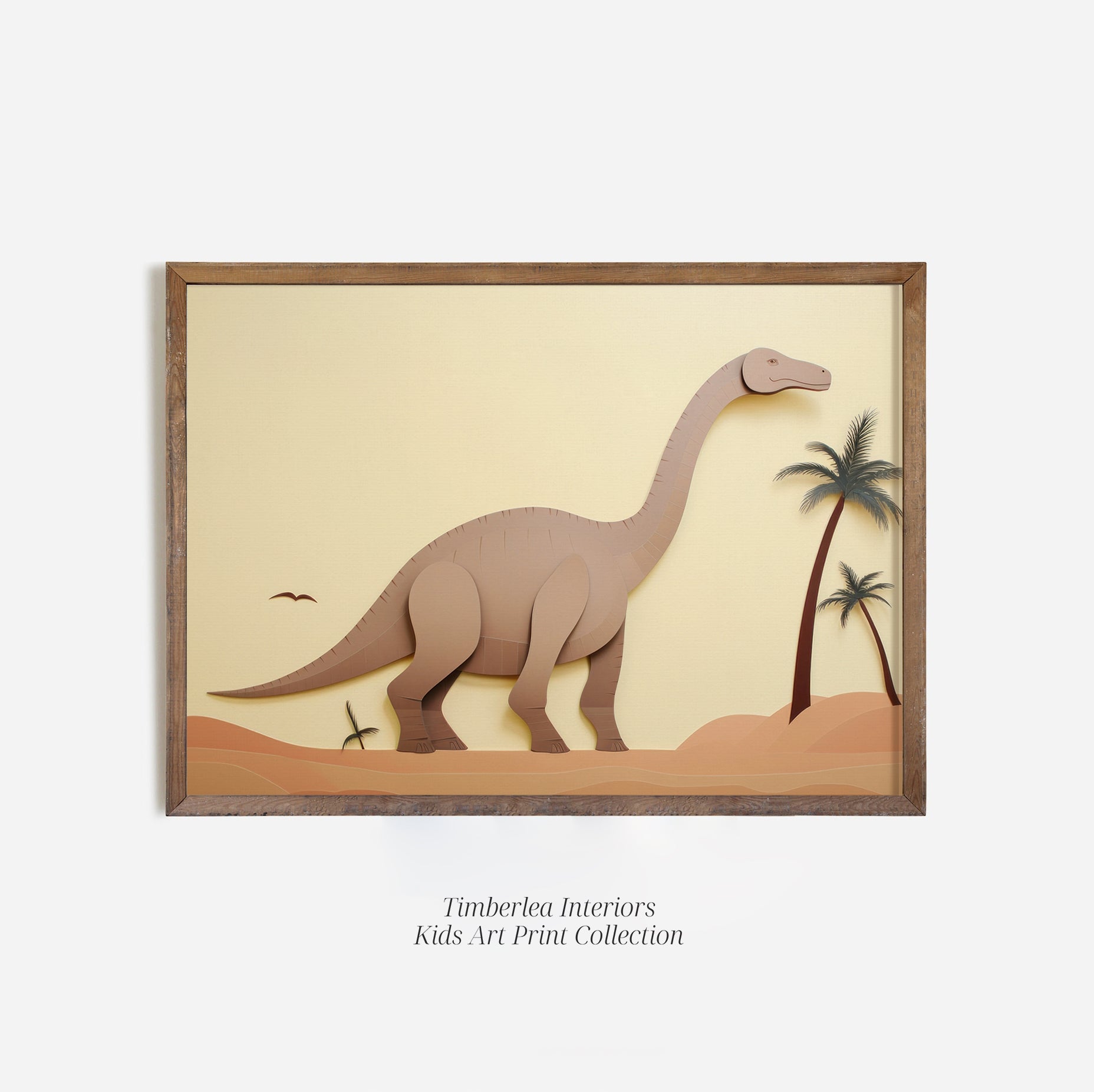 Littlefoot Art Print featuring a friendly dinosaur illustration in a wooden frame. The dinosaur stands on a sandy terrain with palm trees in the background.