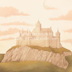 Close-up view of the Pastel Castle art print, showcasing the intricate details of the castle perched on a rocky hill. The background features a soft sky with pink clouds, enhancing the fairytale-like quality of the artwork.