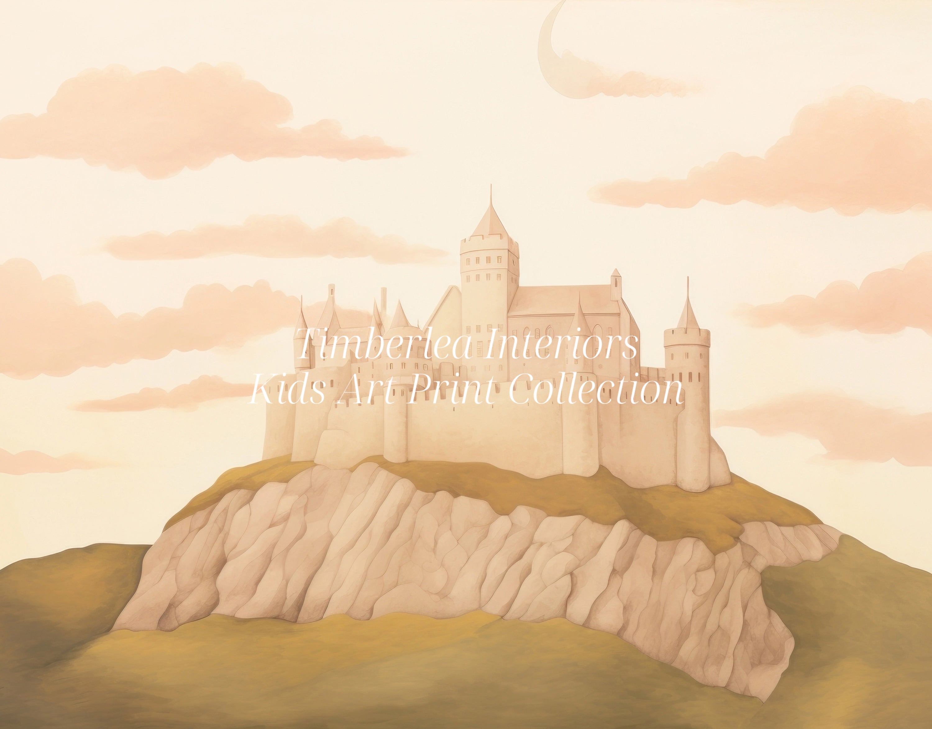 Close-up view of the Pastel Castle art print, showcasing the intricate details of the castle perched on a rocky hill. The background features a soft sky with pink clouds, enhancing the fairytale-like quality of the artwork.