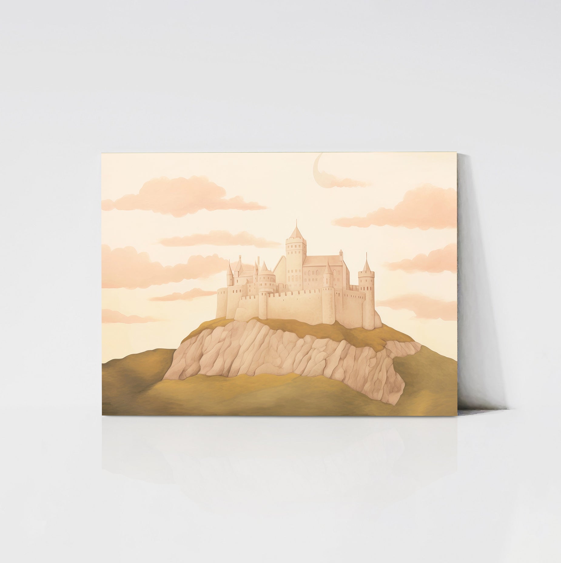 A charming art print of a pastel-colored castle mounted on a wooden board. The castle sits atop a rocky hill, framed by a soft sky filled with pink clouds, creating a whimsical and magical scene.