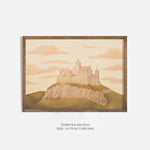 An enchanting art print of a pastel-colored castle framed in wood. The castle is perched on a rocky hill, surrounded by a soft, dreamy sky with pink clouds, evoking a fairytale-like atmosphere.