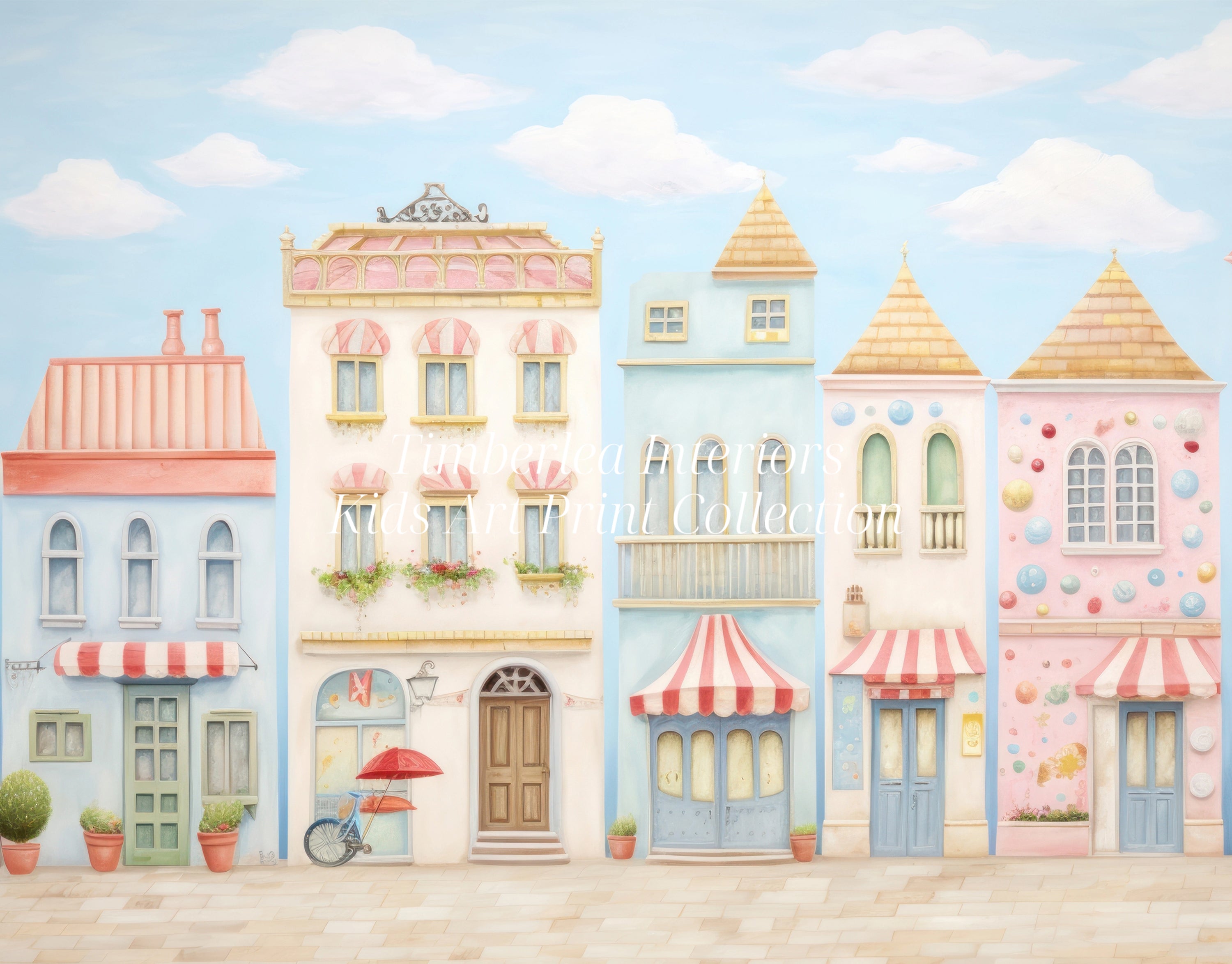 A delightful art print of pastel-colored townhouses mounted on a wooden board. The scene features various architectural styles with colorful awnings and balconies against a backdrop of a blue sky with white clouds.