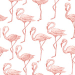 A detailed view of the Flamingo Party Wallpaper, showing the vibrant pattern of pink flamingos in various poses, artistically rendered with a sense of movement and grace against a crisp white background.
