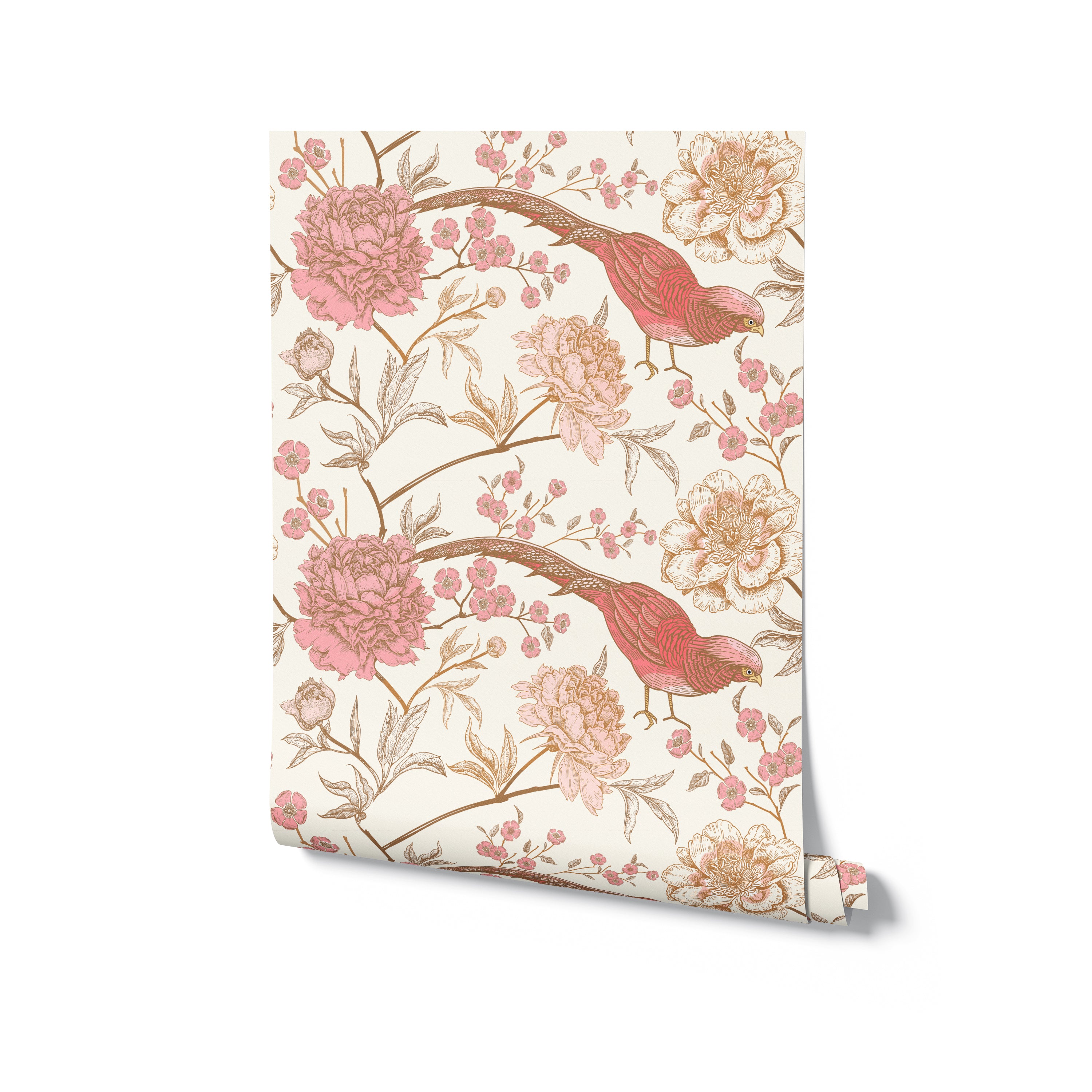 Rolled Peonies and Pheasants Wallpaper showing a detailed design of red pheasants and pink peonies on a light cream background, perfect for adding an elegant and natural touch to home decor