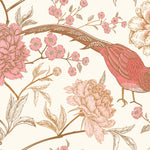 Detailed pattern of the Peonies and Pheasants Wallpaper showcasing vibrant red pheasants amidst lush pink peonies and smaller flowers, all intricately drawn against a cream backdrop