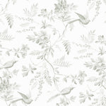 A seamless pattern of 'Blossoming Birds Wallpaper', showcasing a detailed and delicate design with birds perched amongst lush branches and leaves, in soft green hues on a white background.