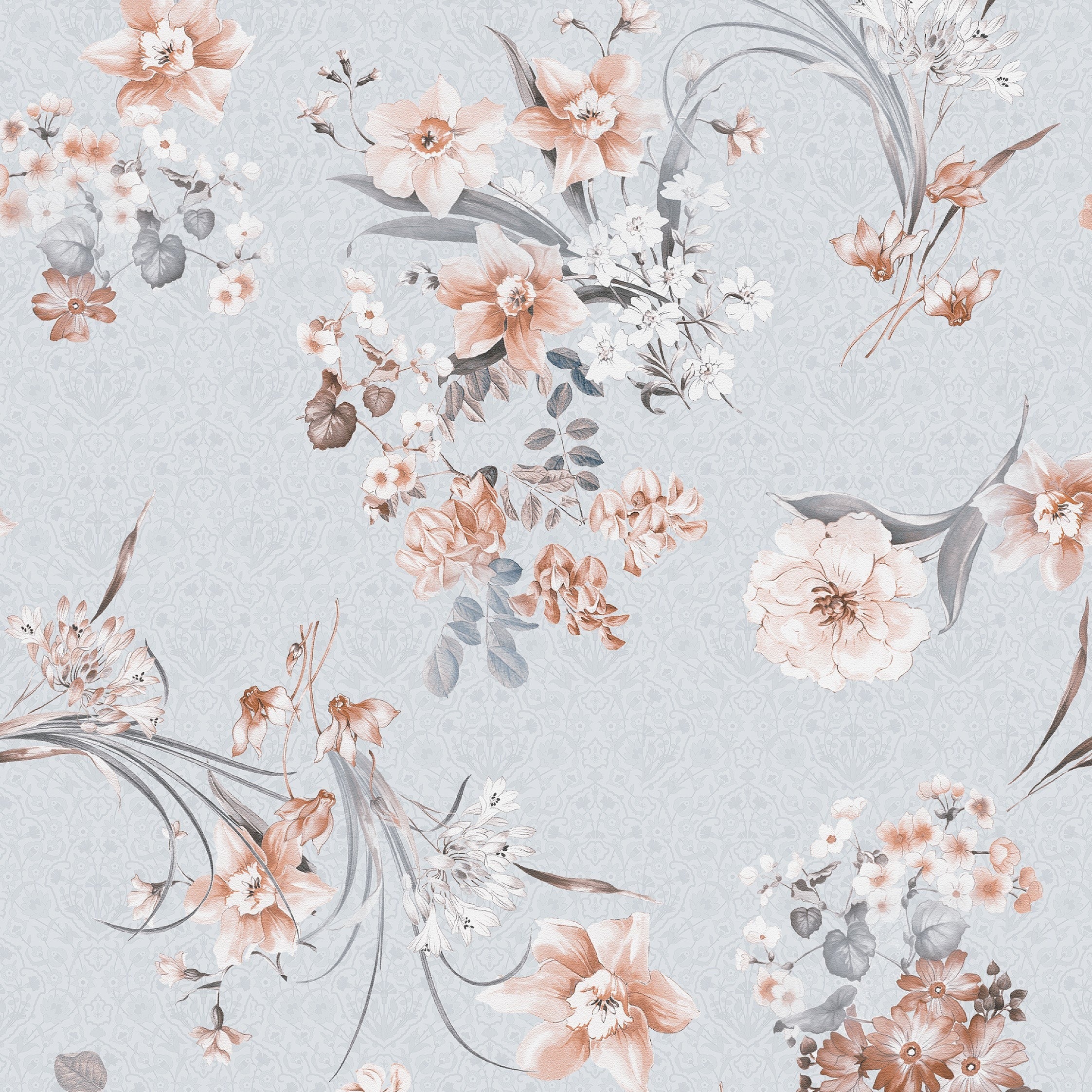 Close-up of the Boudoir Blooms Wallpaper, showcasing a detailed and romantic floral design. The wallpaper features clusters of soft peach flowers and gray foliage on a pale gray background, offering a subtle and elegant aesthetic suitable for sophisticated interiors.